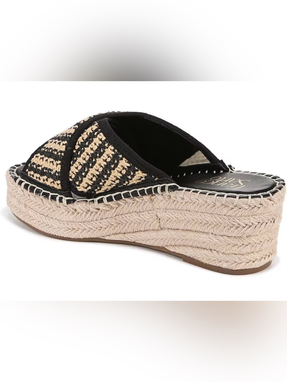 Franco Sarto Black and Natural Woven Platform Espadrille Slide